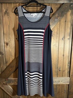 Navy, White & Red Sleeveless Striped A-Line Dress